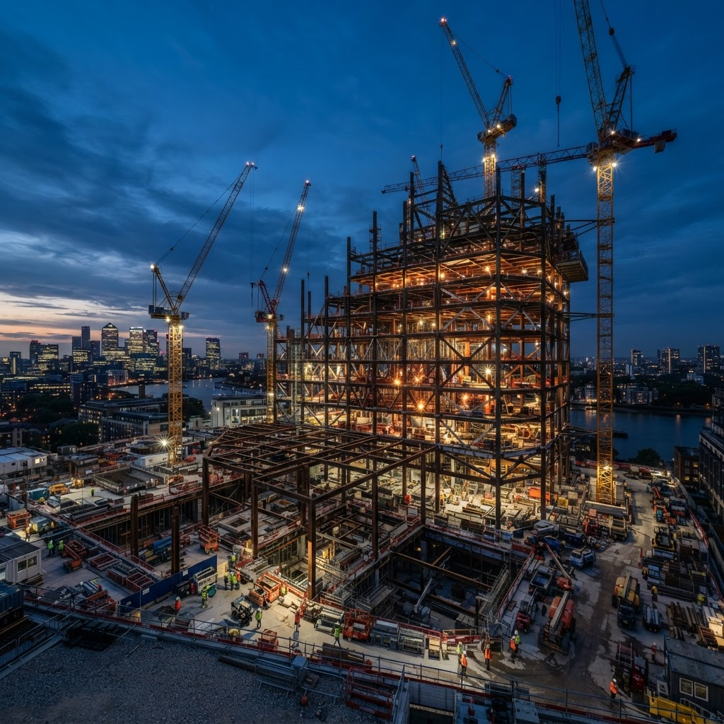 Steel structural framework of a building under construction at dusk